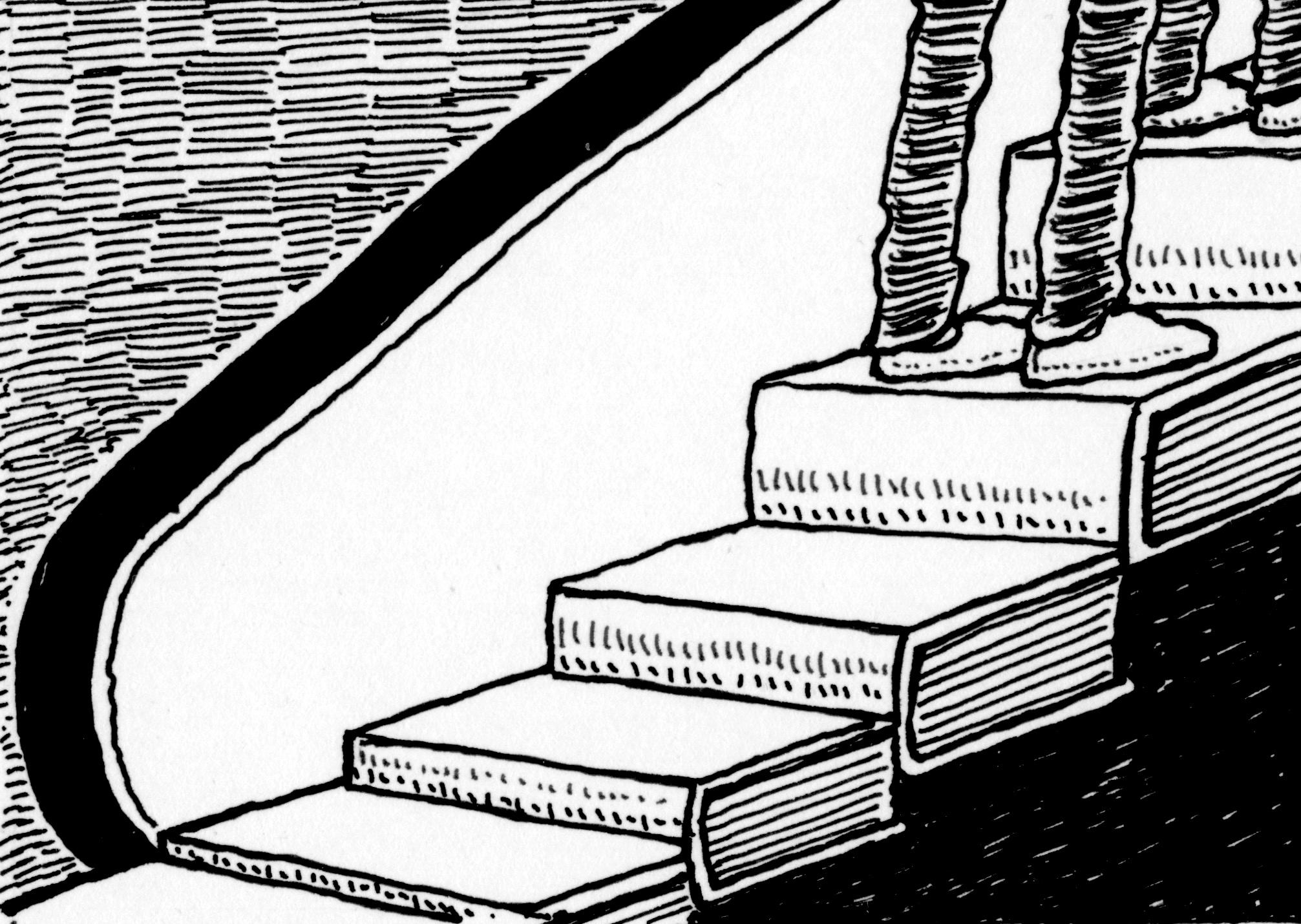 Feet on staircase made up of books.