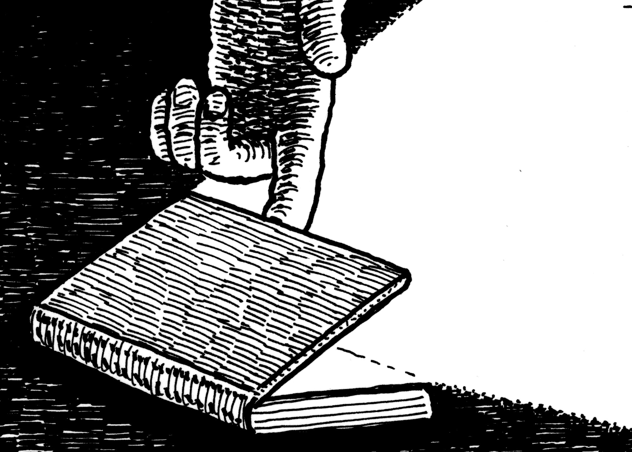 Cartoon image of finger opening a book cover