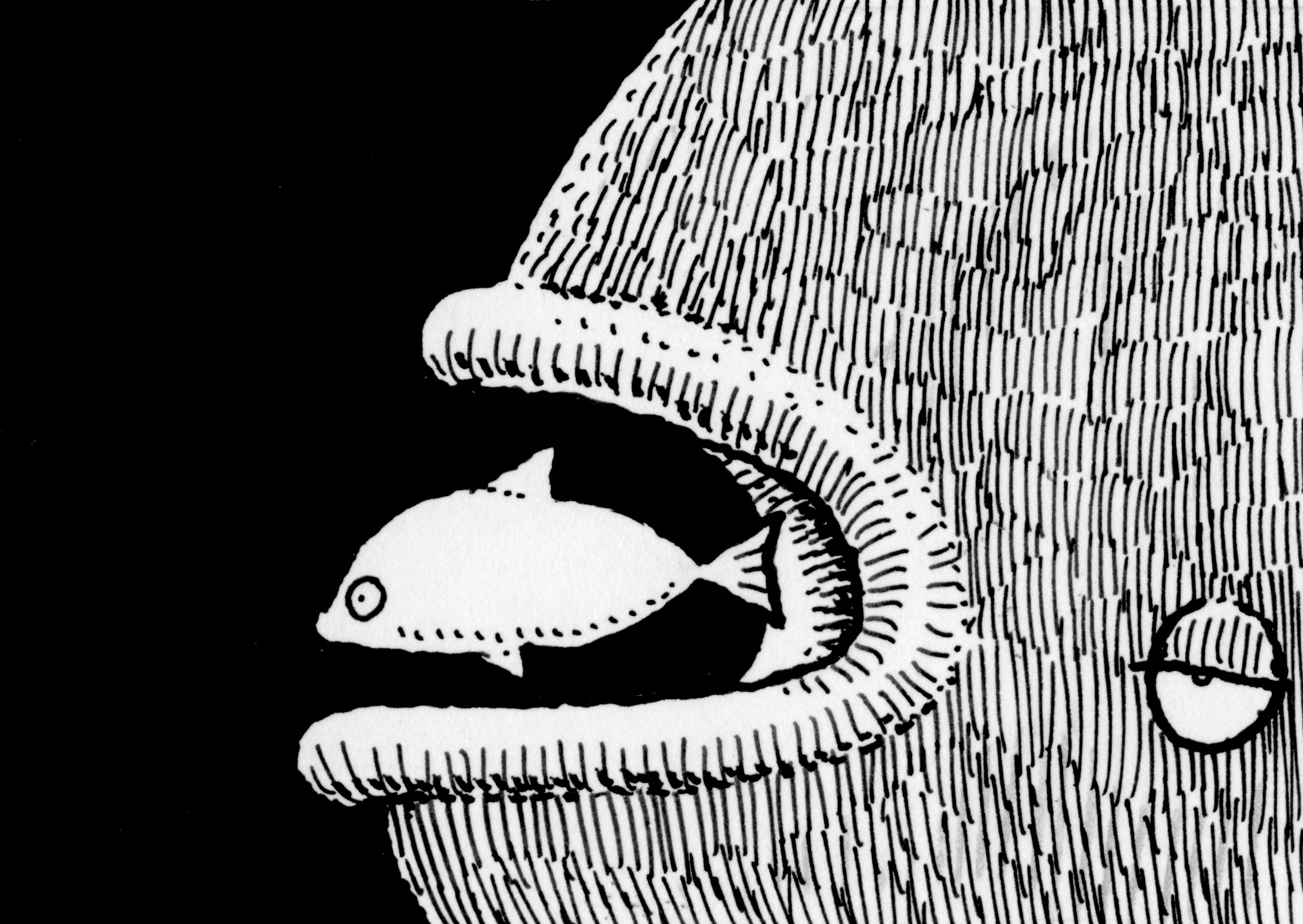 Cartoon image of a big fish taking over a little fish.