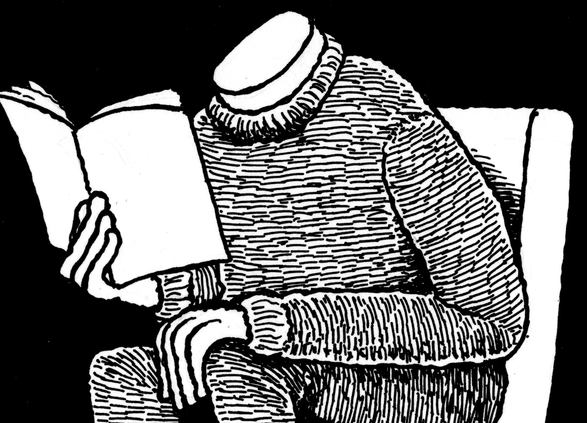Cartoon image of a headless person reading a book