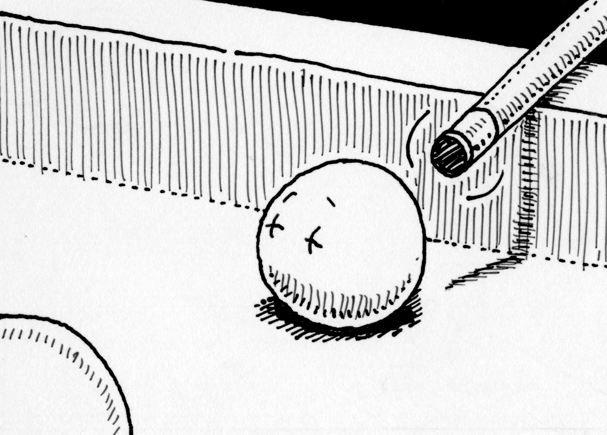 Snooker cue about to hit a sleeping snooker ball. Cartoon.