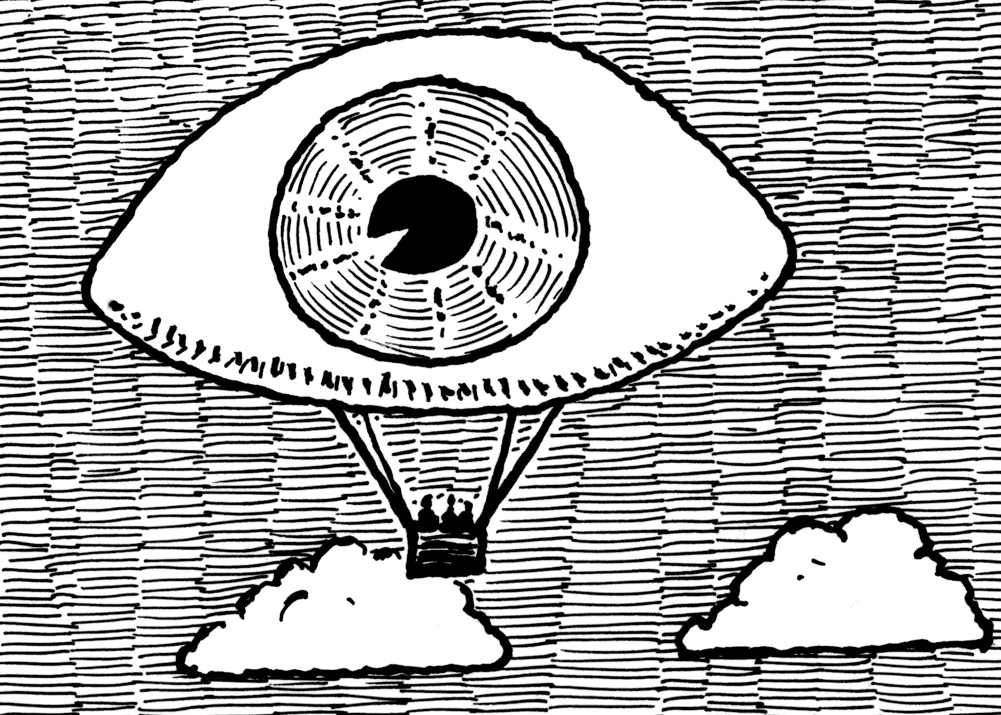 Cartoon of eyeball as a hot air balloon