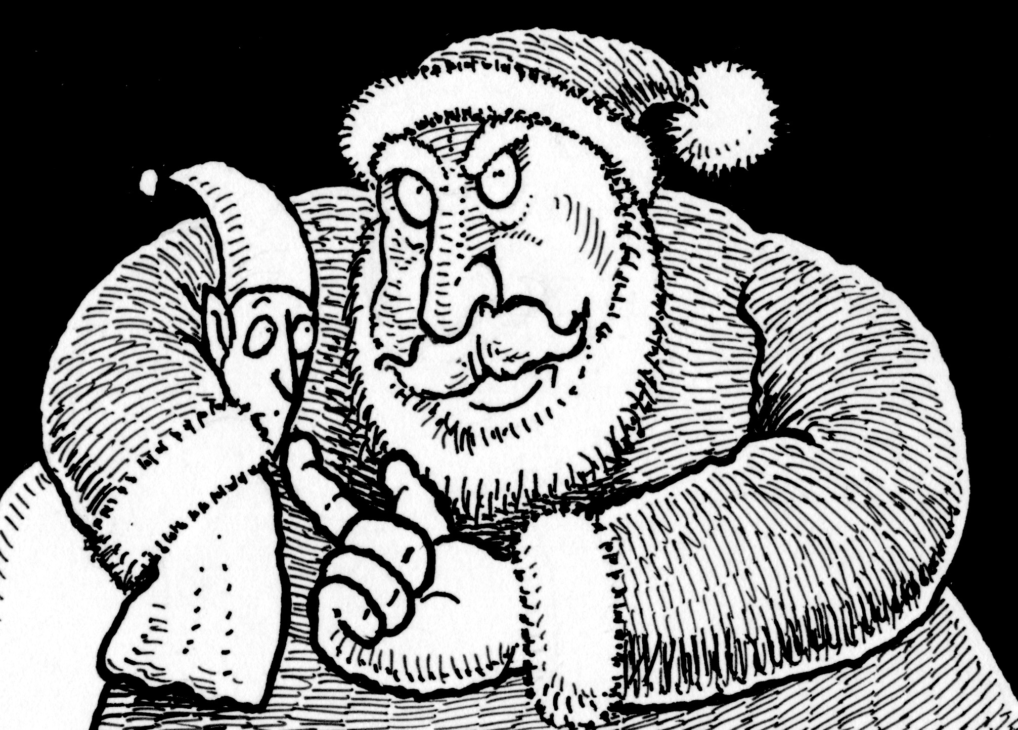 Cartoon of mean Father Christmas tickling an elf under the chin