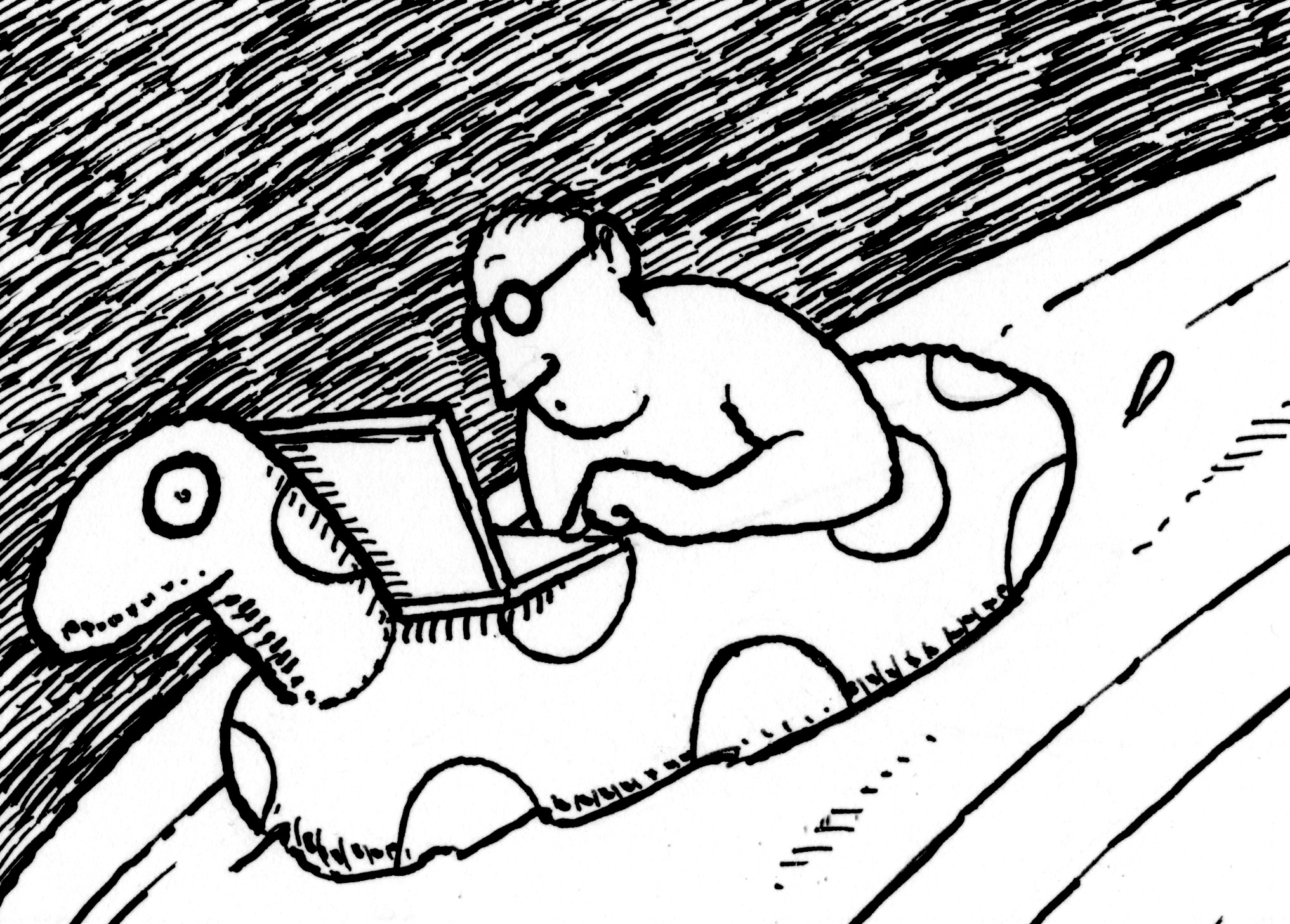 Cartoon of man working in an inflatable on a stream