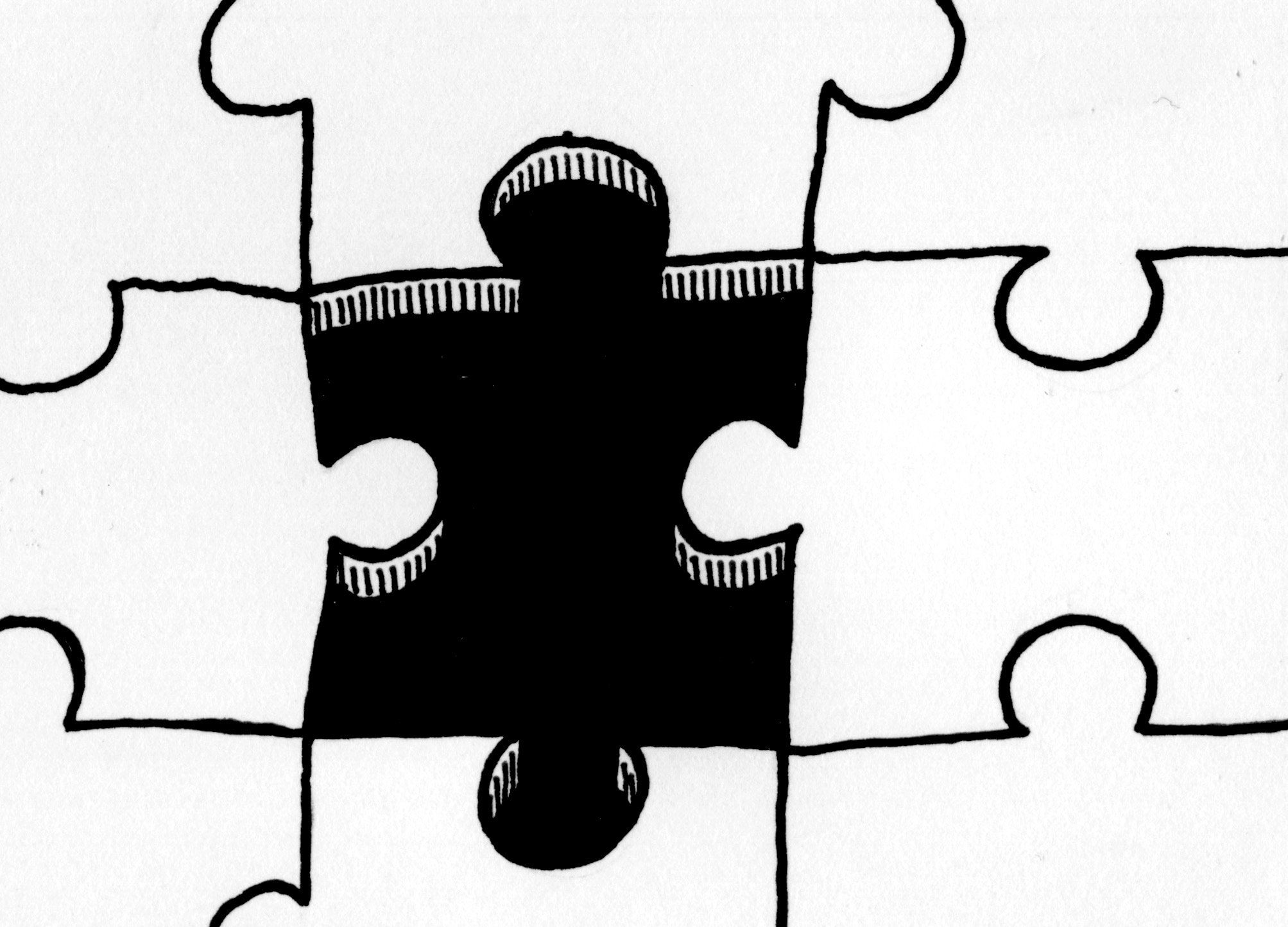 Cartoon image of blank jigsaw pieces and one one missing