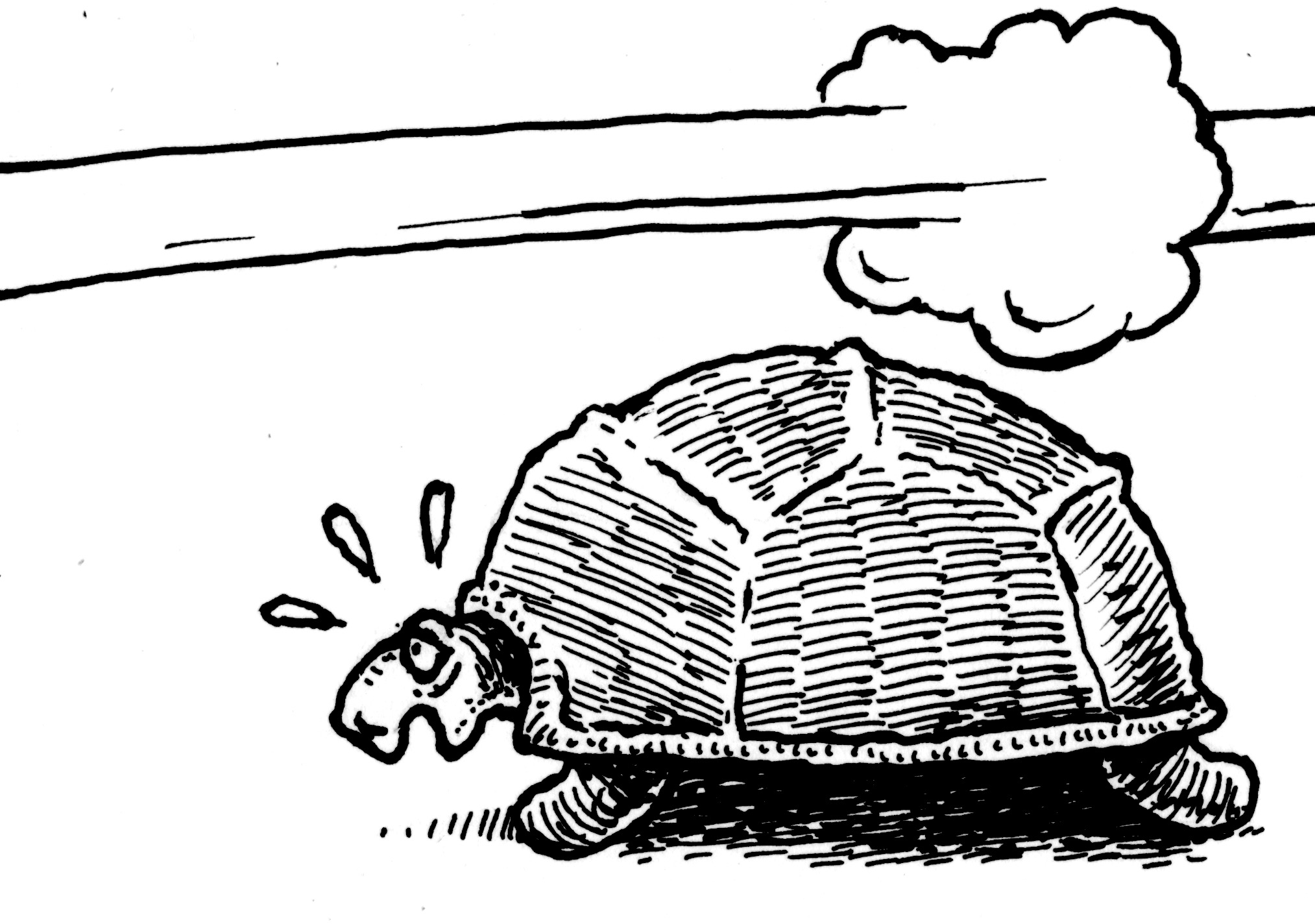 Cartoon of a puff of smoke next to a tortoise trying to walk fast