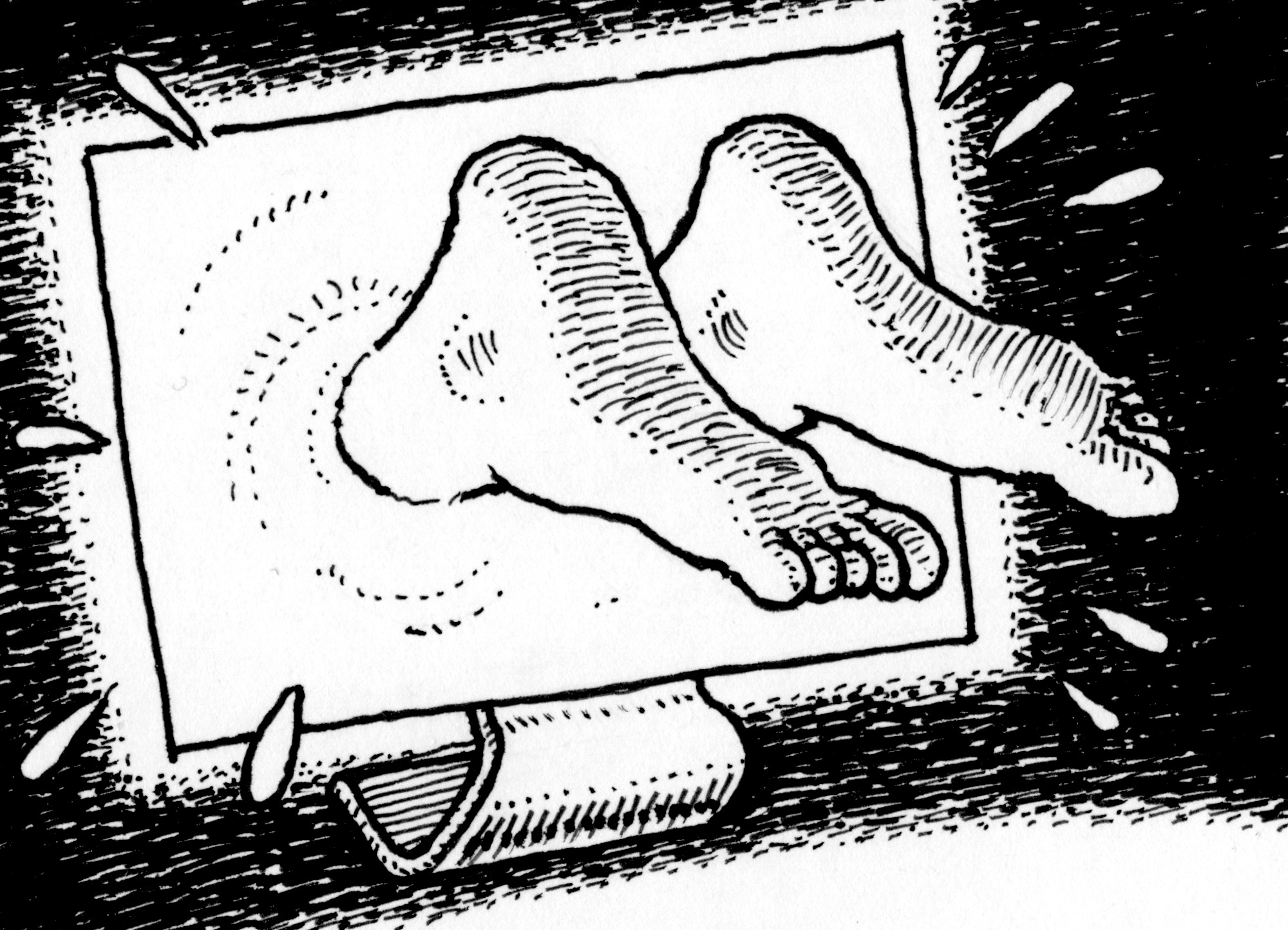 Cartoon image of two feet going through a computer monitor