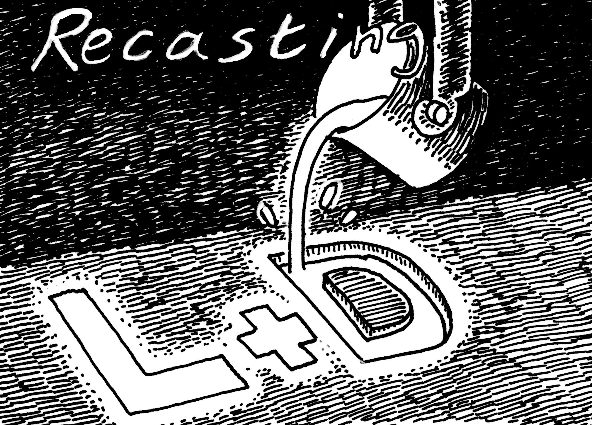 Cartooon image of hot metl being poured into a cast reading L and D