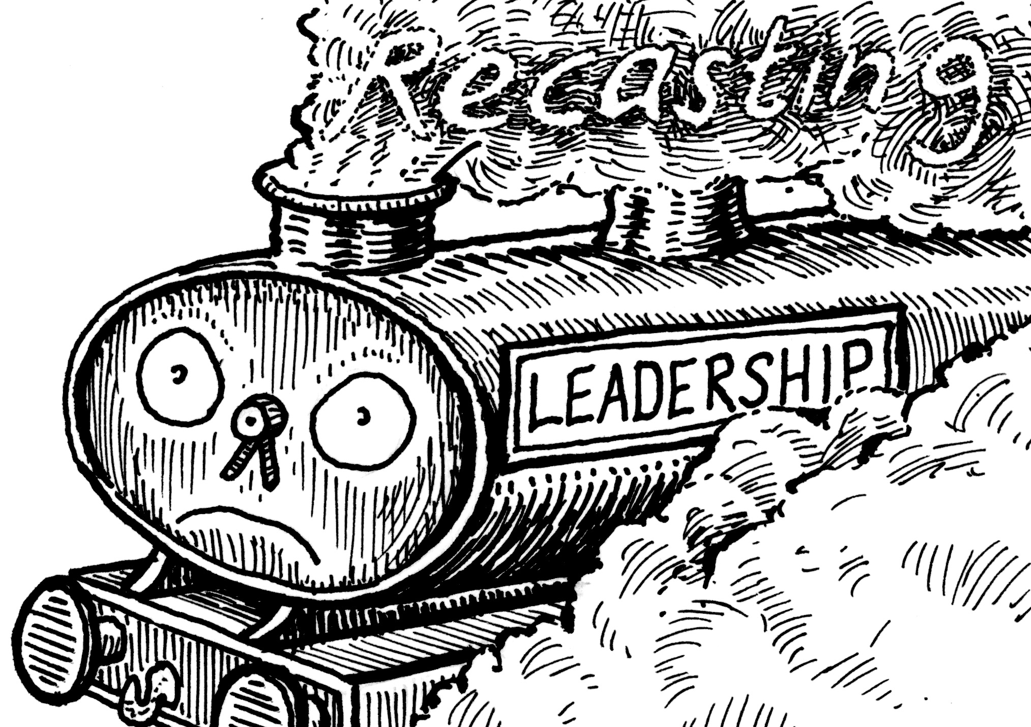 Cartoon image of steam engine with a sad face and leadership written down the side