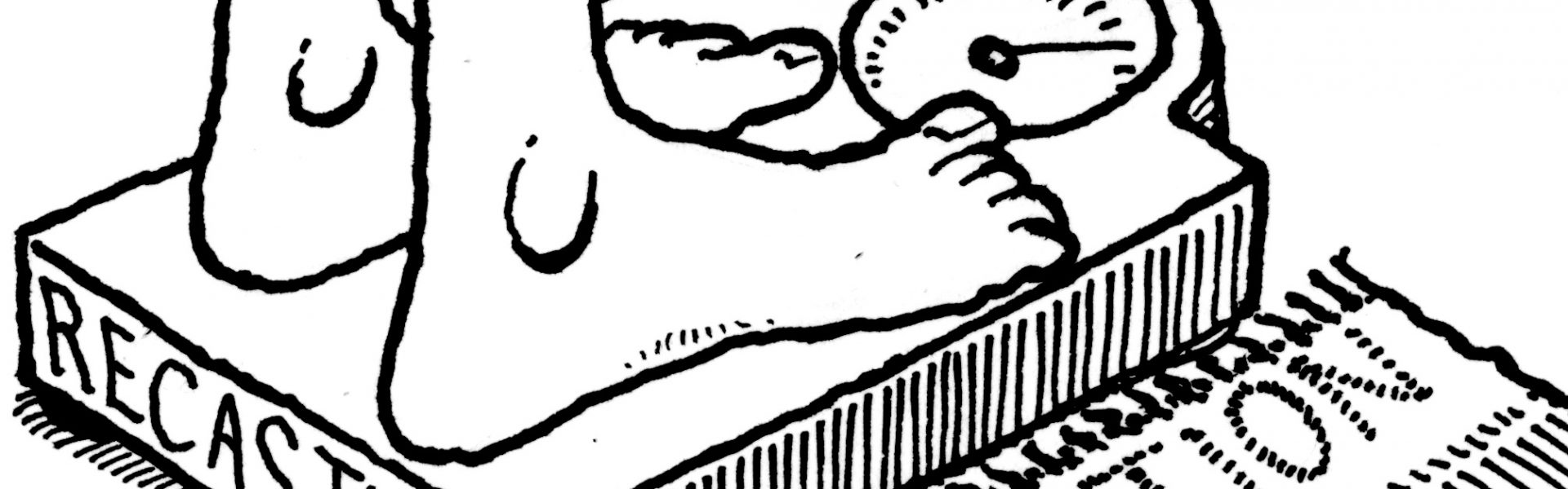 Cartoon image of a pair of feet on a set of wighing scales