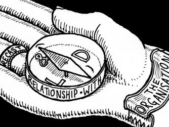 Cartoon image of a compass in a hand