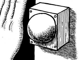 Cartoon hand hitting a big button