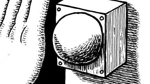 Cartoon hand hitting a big button