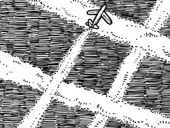 Cartoon image of aeroplance creating a grid of vapour trails in the sky