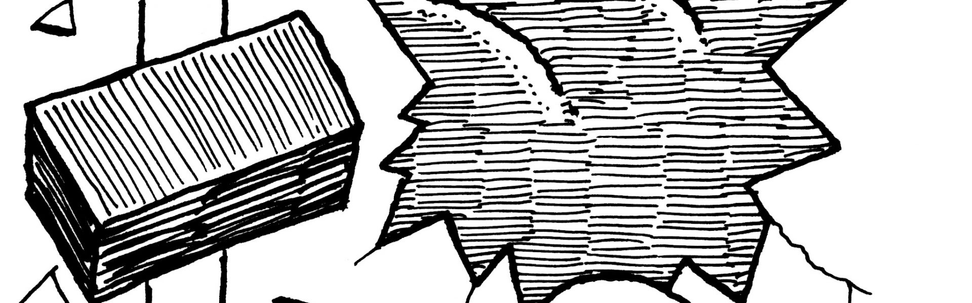 Cartoon image of brick flying through window just missing a man's head