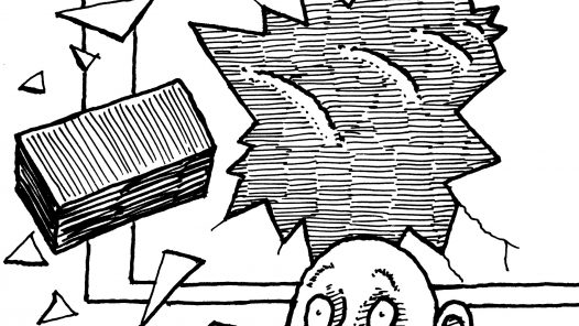 Cartoon image of brick flying through window just missing a man's head