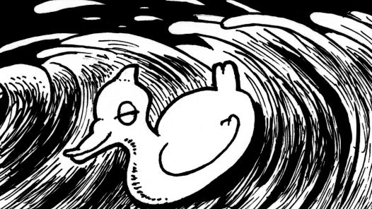 Cartoon image of duck on big waves